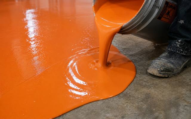 Orange epoxy being poured onto a prepared slab in Clarington