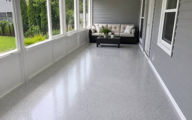 Flake epoxy floor in an enclosed sunroom in Clarington