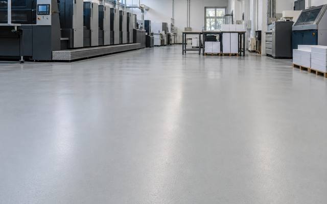 Light grey floor in a print shop in Clarington, Ontario