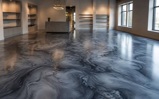 Blue-grey marbled metallic epoxy floor in an open room in Durham Region