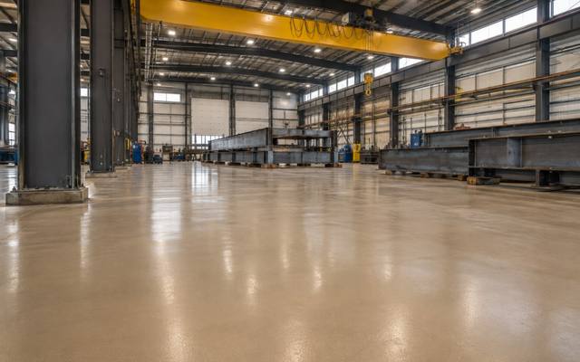 Tan epoxy floor in a large equipment shop in Clarington